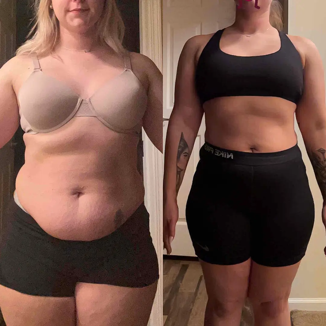 Young woman showing before and after torso